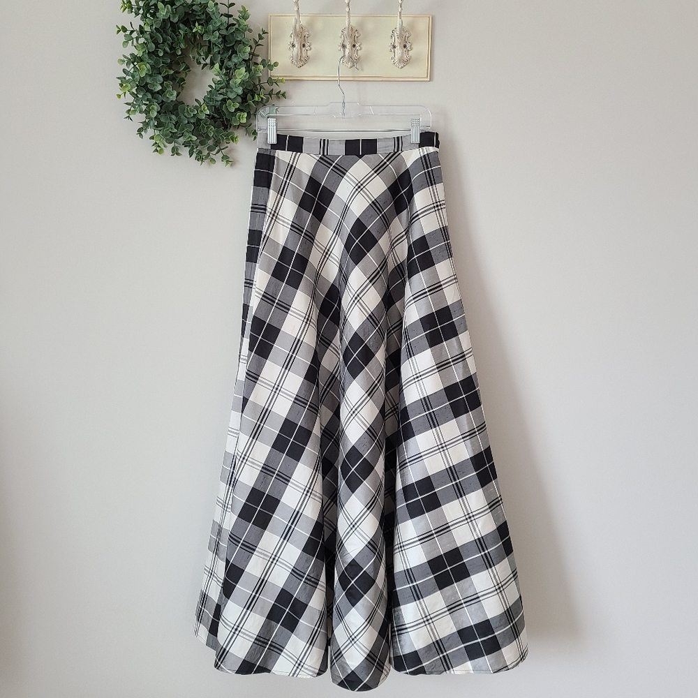 TALBOTS Skirt Silk Swing Maxi Black White Plaid